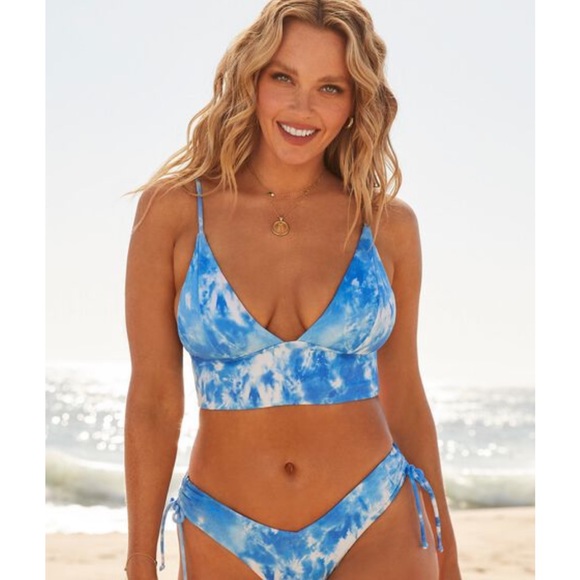 CLEARANCE 2-piece- Camille Blue Plunge Away Bikini Top and Cheeky Bikini Bottom - Picture 9 of 11